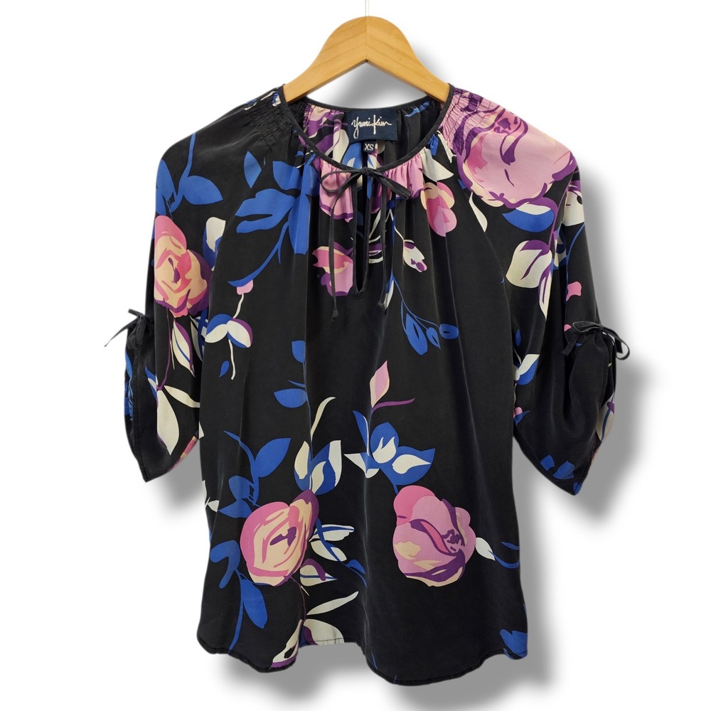 Anthropologie Yumi Kim 100% Silk Top XS Black‎ Pink Dark Floral 3/4 Sleeve Boho